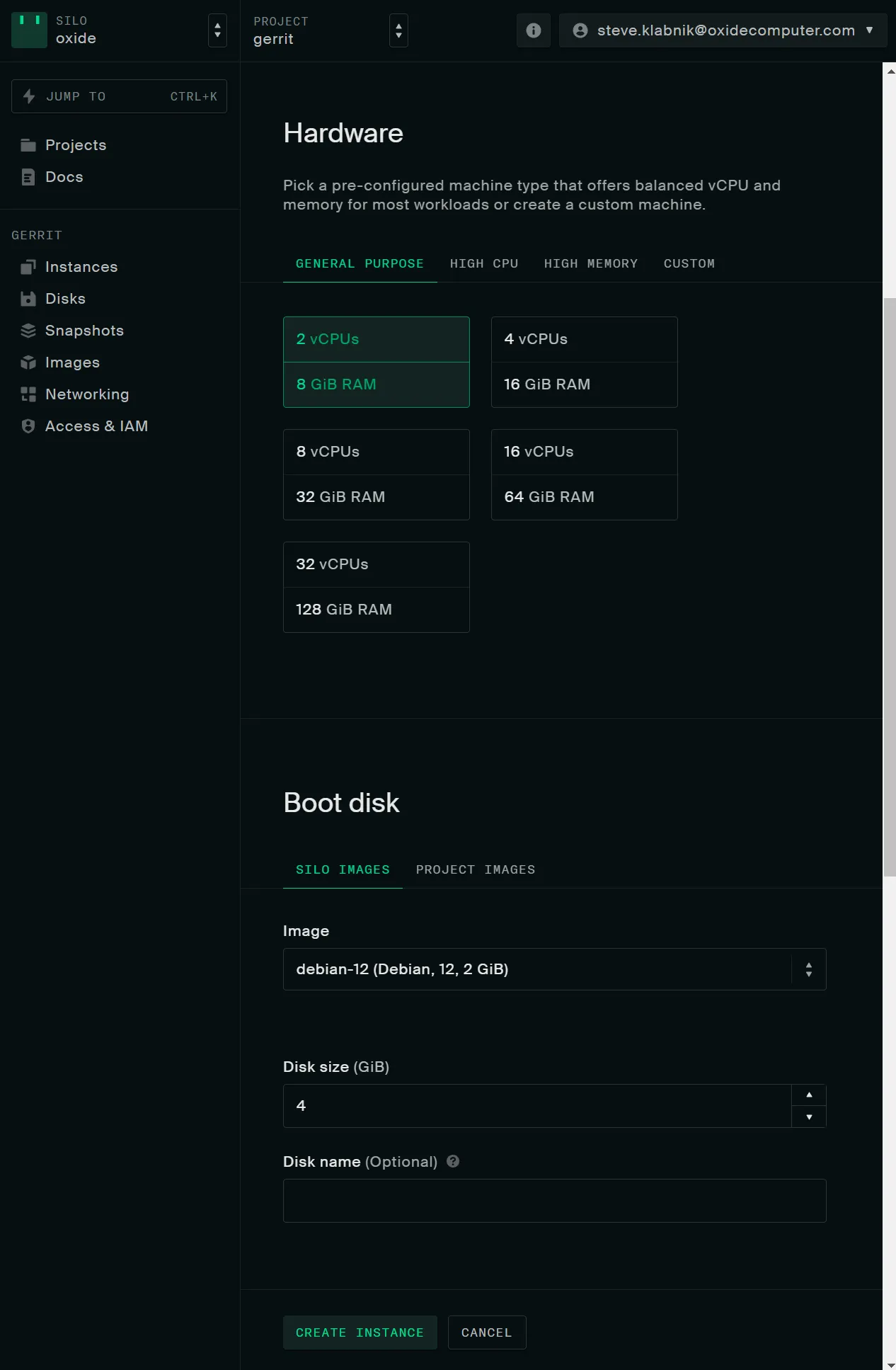 The instance creation form: pre-configured hardware sizes with 2 vCPUs and 8 GiB RAM selected, and a 4 GiB Debian 12 boot disk