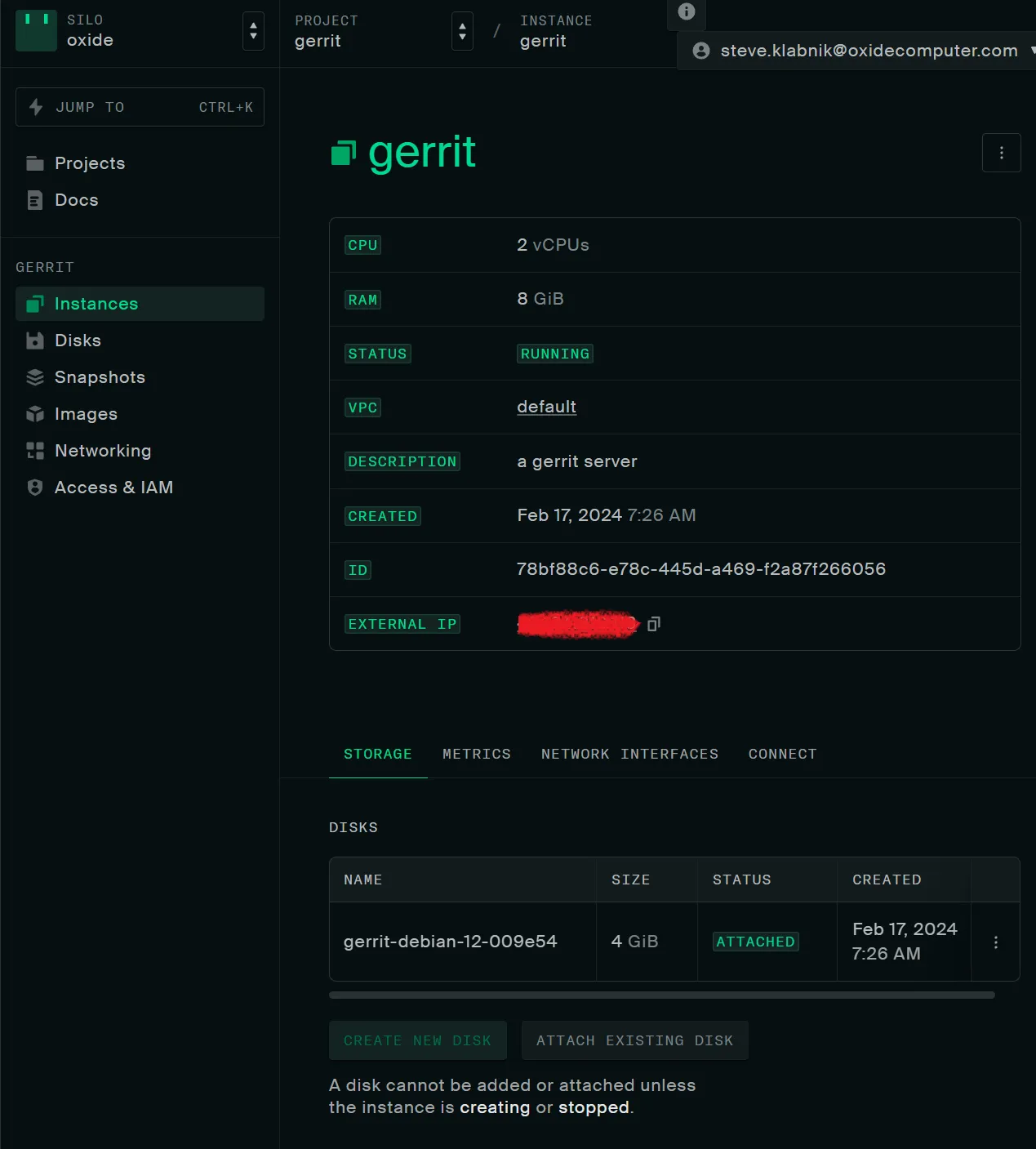 The Oxide console showing the gerrit instance up and running