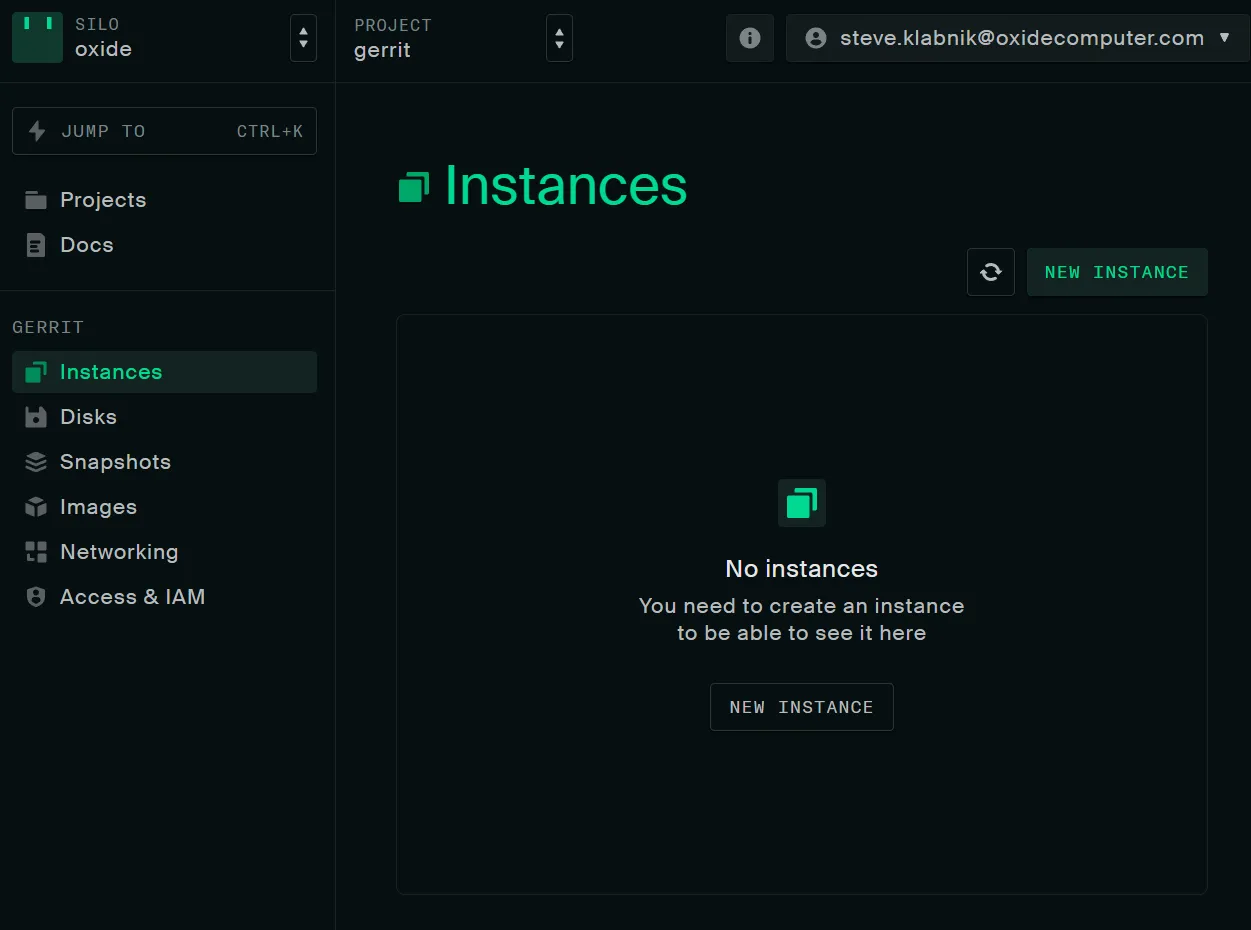 The Instances page for the gerrit project, with no instances yet