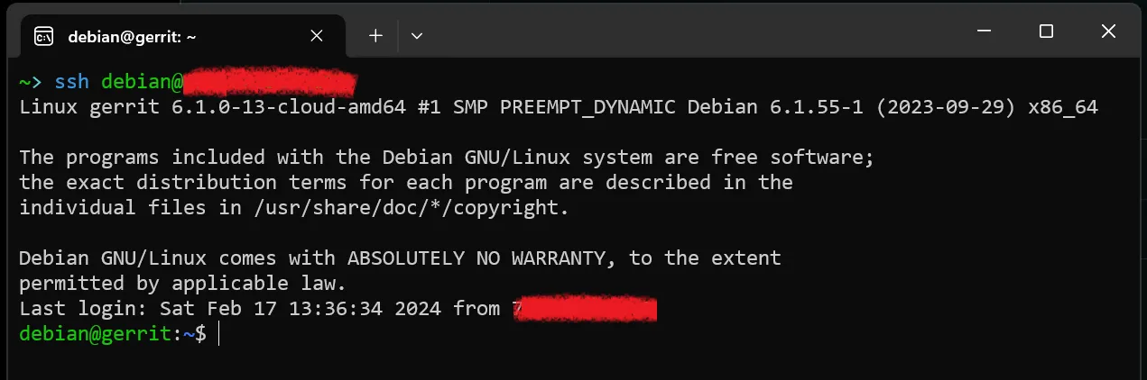 A terminal after ssh-ing in, showing Debian's boot banner and a debian@gerrit prompt, with the external IP redacted