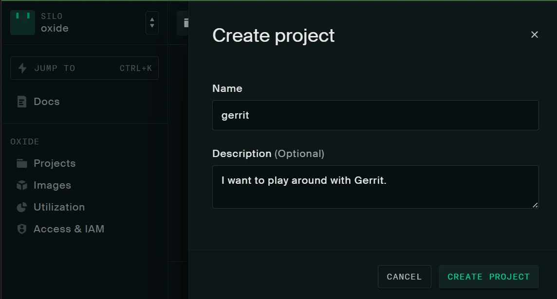 The Oxide console's new-project form