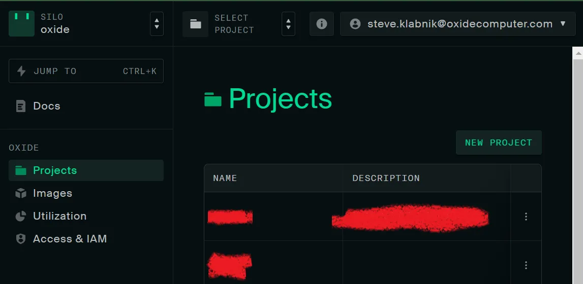 The Oxide console's Projects page