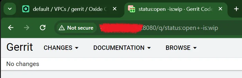 A browser tab showing Gerrit's change list served over port 8080, reading “No changes”, with the IP redacted