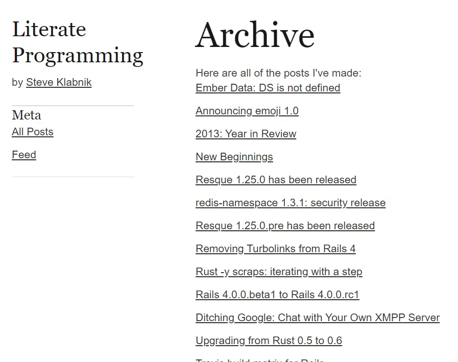 Literate Programming’s Archive page, listing posts including “Announcing emoji 1.0” and “Removing Turbolinks from Rails 4”