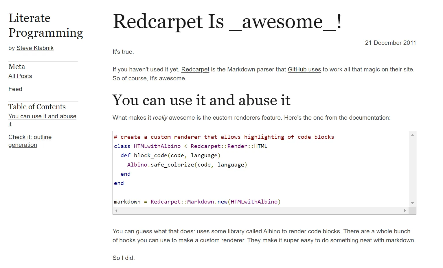 A Literate Programming post, “Redcarpet Is awesome!”, with a sidebar table of contents and a syntax-highlighted Ruby snippet