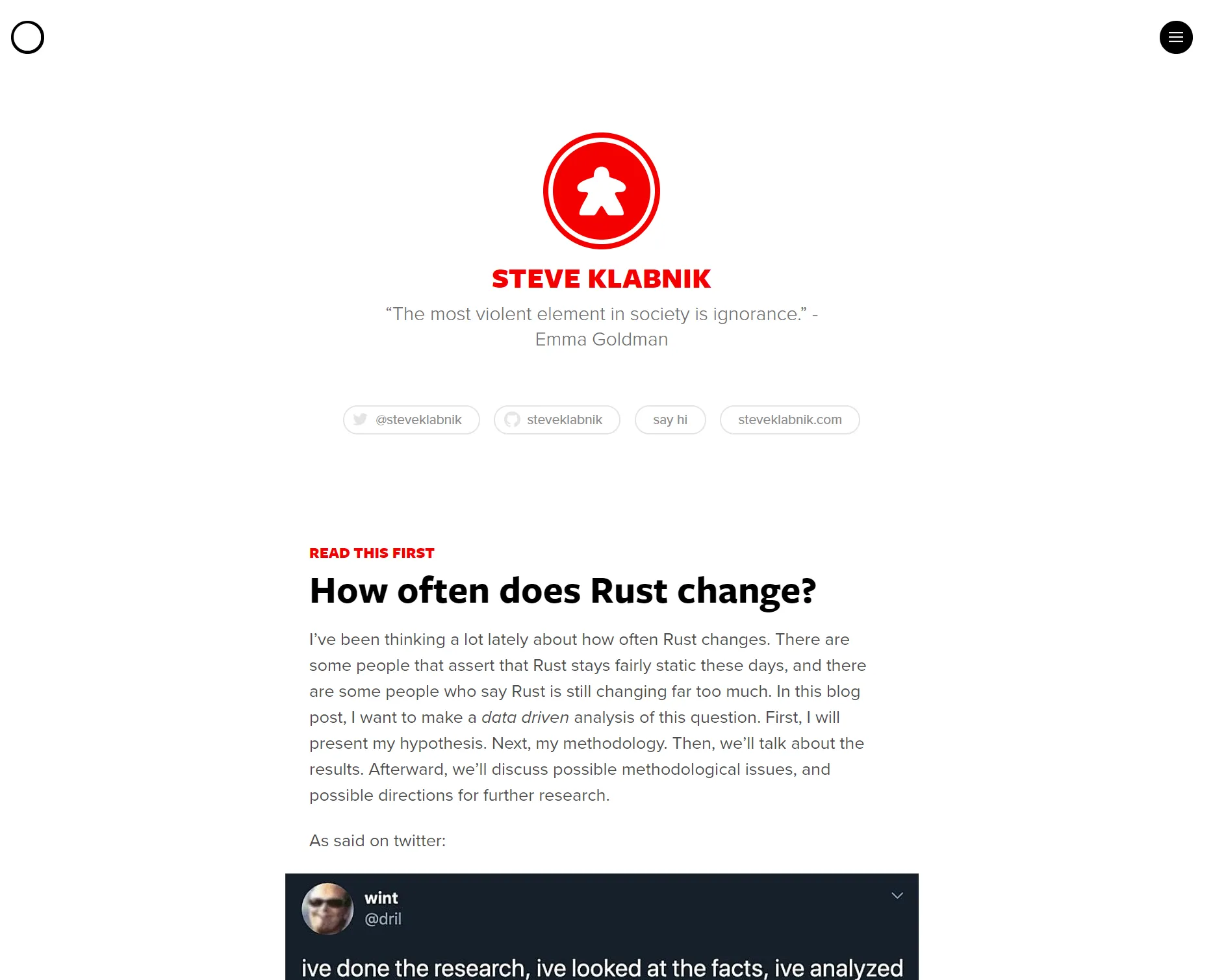 The words home page on Svbtle: the red Meeple logo, an Emma Goldman epigraph, and the post “How often does Rust change?”