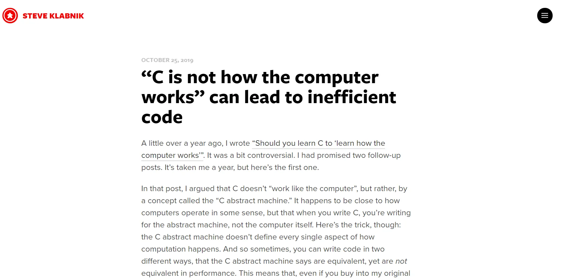 A words post, “‘C is not how the computer works’ can lead to inefficient code”, in Svbtle’s bold sans layout