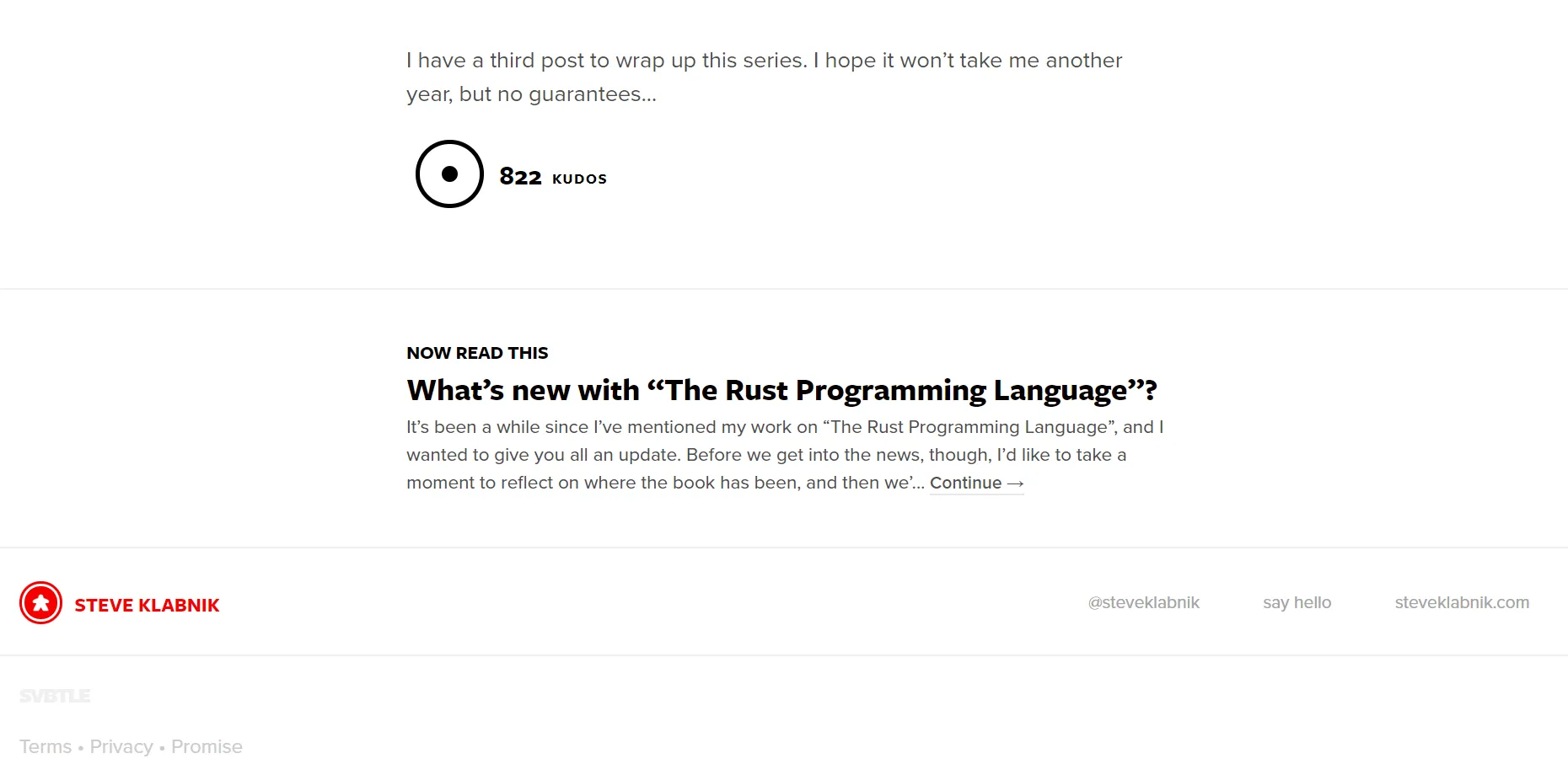 The foot of a words post, showing Svbtle’s Kudos button at 822 and a “Now read this” recommendation