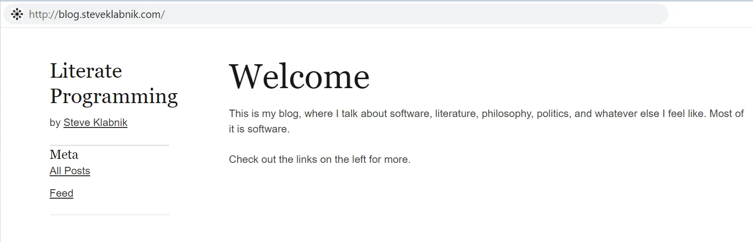 The Literate Programming home page: a serif two-column layout with a Welcome heading and a sidebar linking All Posts and Feed